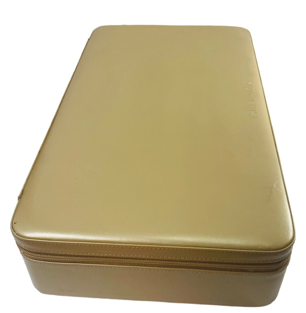 ESTEE LAUDER JEWELRY, MAKE-UP CASE, MIRROR, 2 CMPTMNT GOLD FAUX LEATHER/VINTAGE