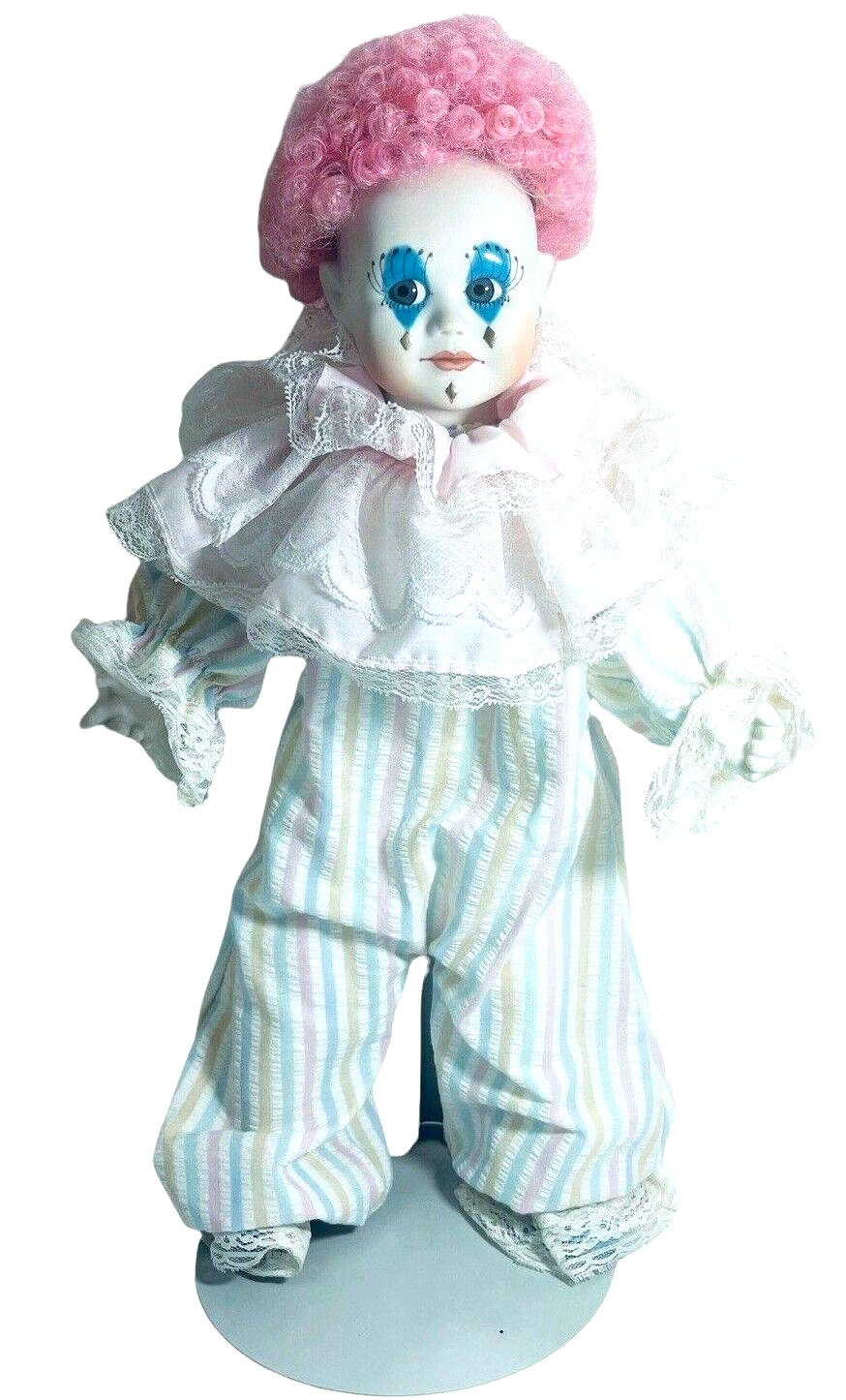 1980 Porcelain Clown Doll WINDUP CLOWN ~ PINK HAIR ~ WITH STAND.