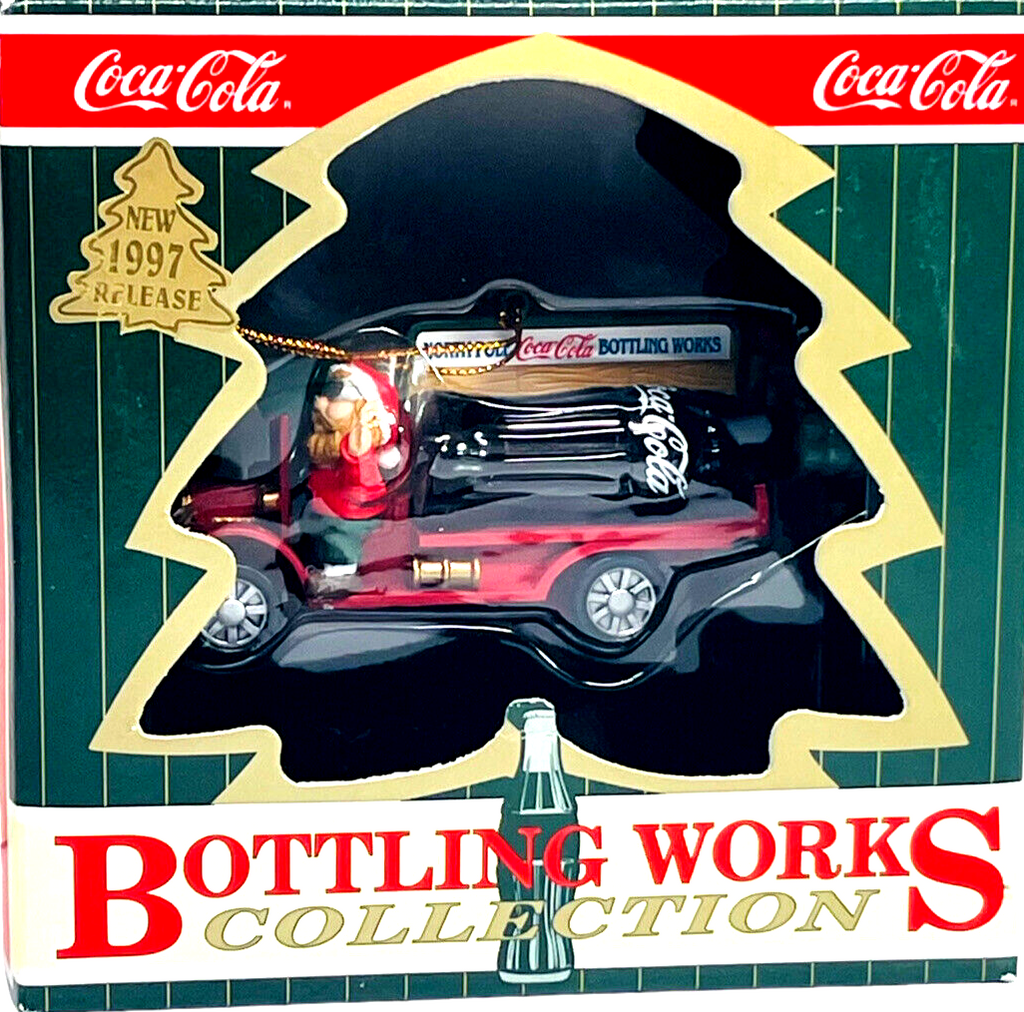 1997 Coca Cola Truck Ornament Holding a Bottle of Coke W/Santa's Ornament
