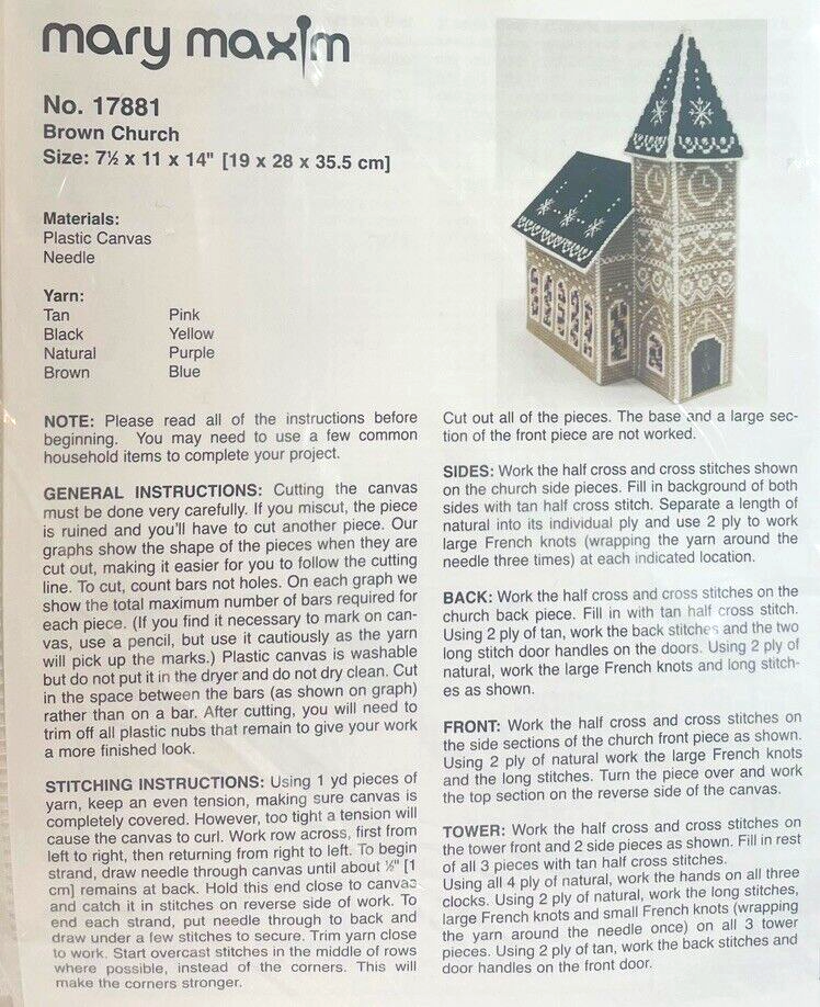 Cross Needle Stitch Plastic Canvas Kit No. 17881 "Brown Church" MARY MAXIM
