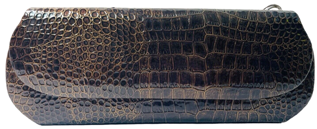 Faux Crocodile Leather Clutch Pruse Brown-L 11" X H 4" Chain Strap ~ Kate Landry