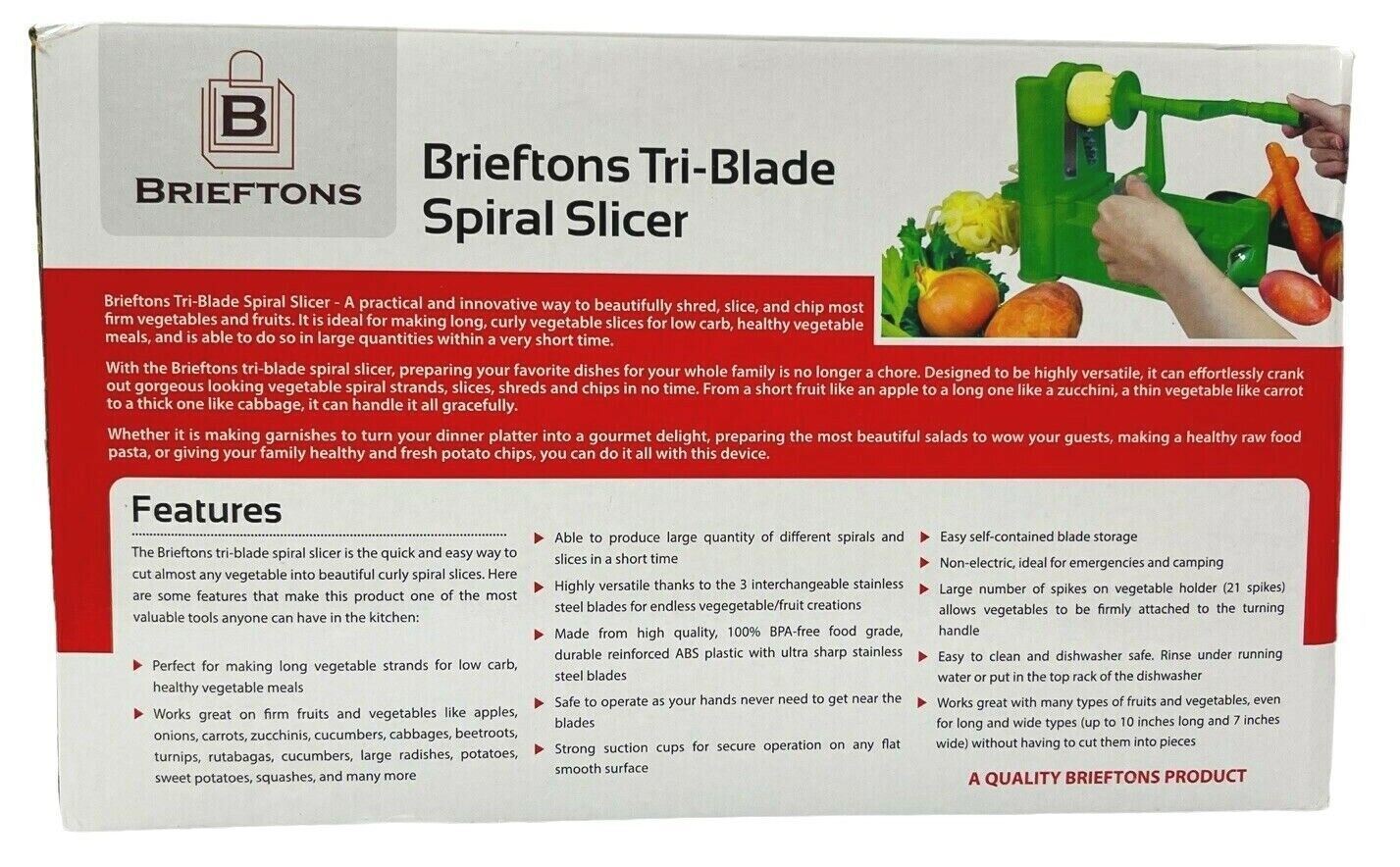 BRIEFTONS Vegetable Cutter Spiralizer 3-Interchangable Blade Styles Green-Manual