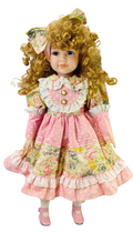 World Bazaars Bisque Sweet N Pink Porcelain Doll 19” Red Curly Hair & Blue Eyes.
