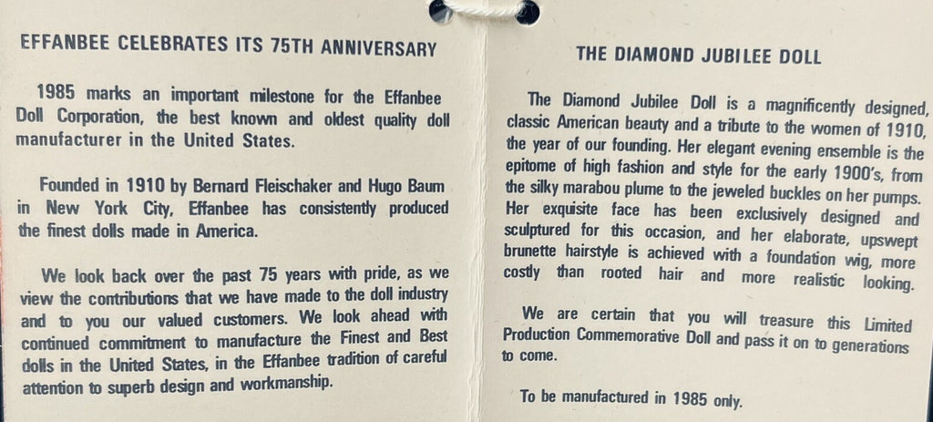 75TH ANNIVERSARY DOLL DIAMOND JUBILEE EFFANBEE 1985~Original Box w/COA.