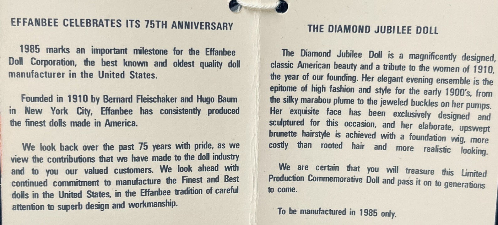 75TH ANNIVERSARY DOLL DIAMOND JUBILEE EFFANBEE 1985~Original Box w/COA.