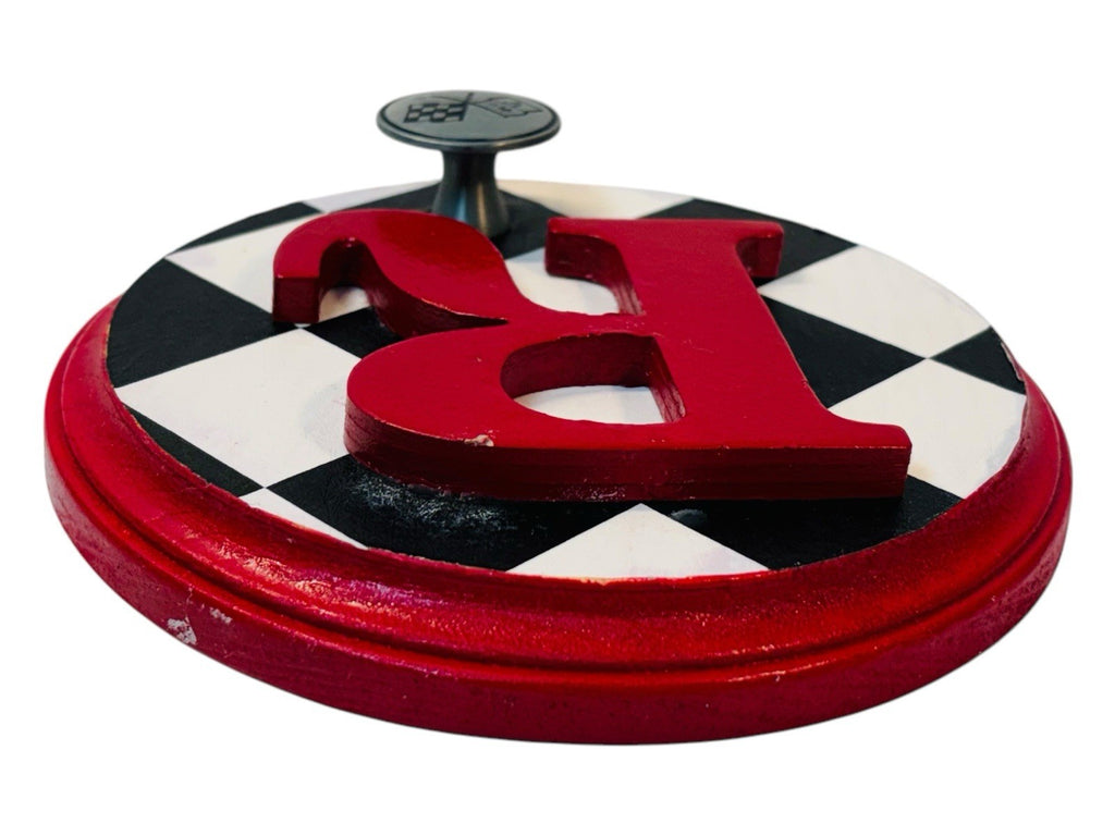 CHEVROLET RACING FLAG Metal Hook On Wood Plaque  w/Letter "R" 6.5X6.5" Round.