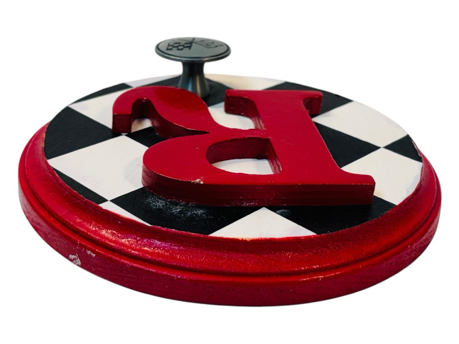 CHEVROLET RACING FLAG Metal Hook On Wood Plaque  w/Letter "R" 6.5X6.5" Round.