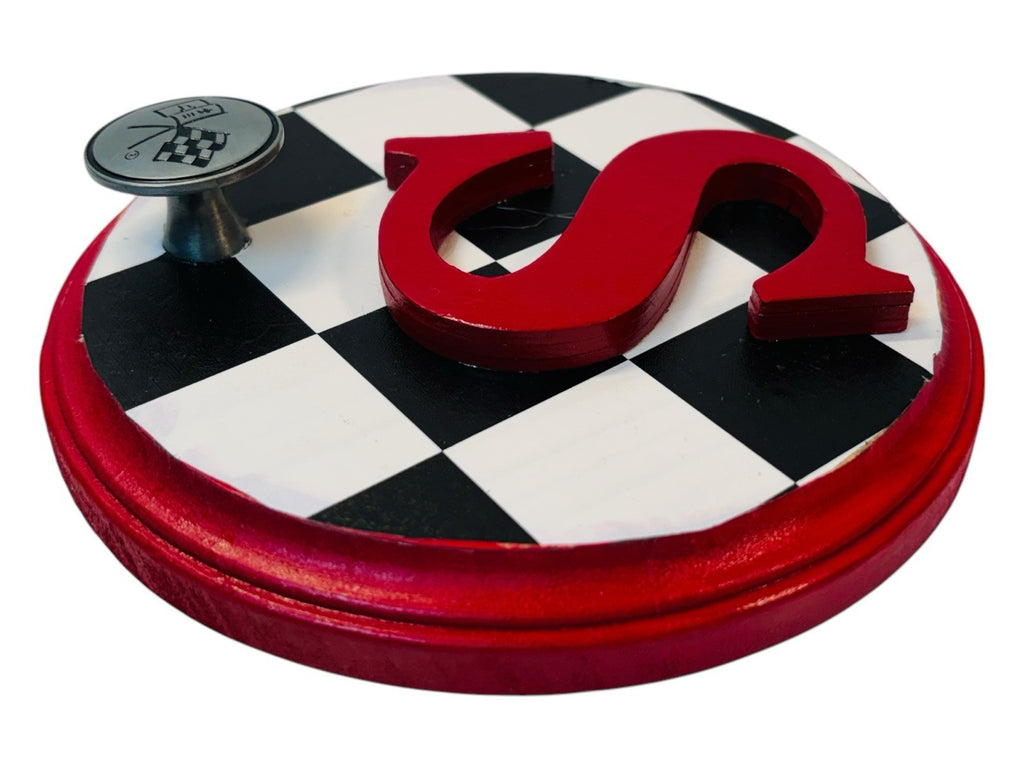 CHEVROLET  RACING FLAG Metal Hook On Wood Plaque  w/Letter "S" 6.5X6.5" Round.