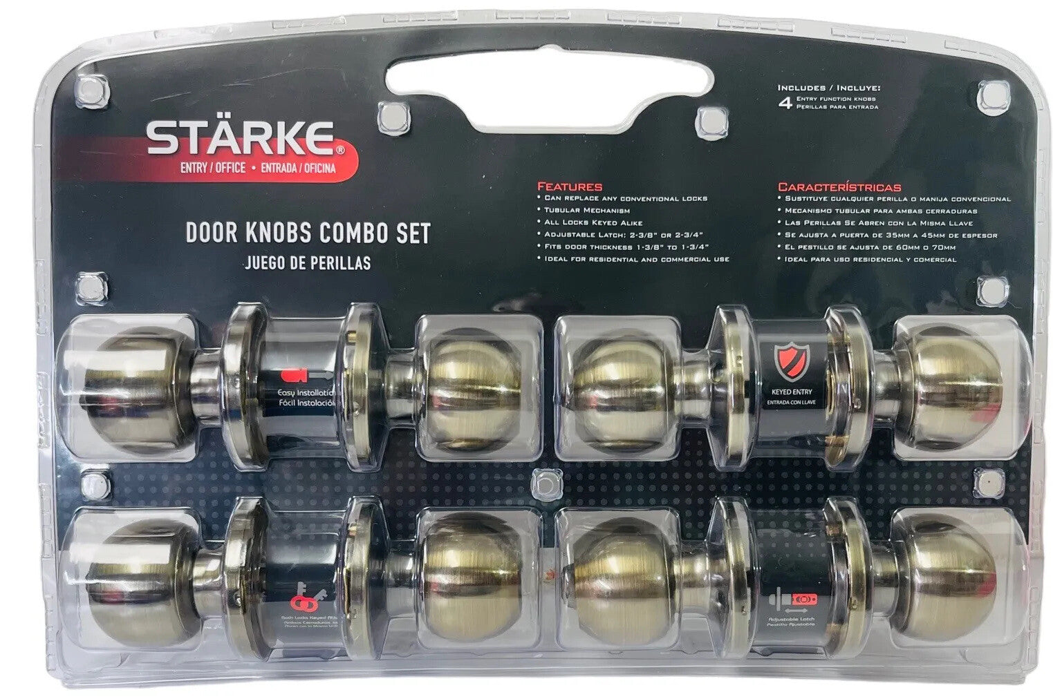 STARK Brass Doorknobs Combo Set w/Keys, In Package of 4 - Entry/Office.