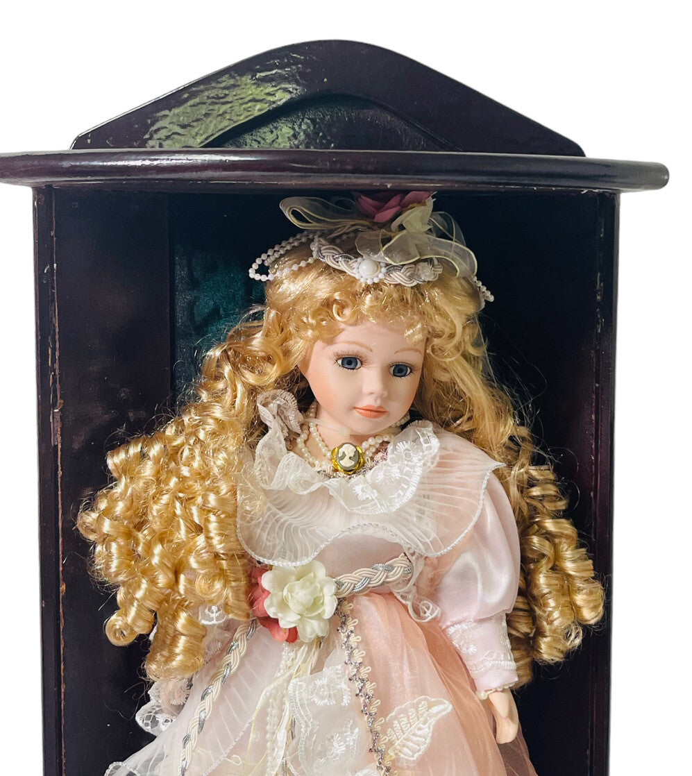 17' Porcelain Doll W/BLUE Eyes Golden Locks (Goldenvale) & Red Wood Display Case