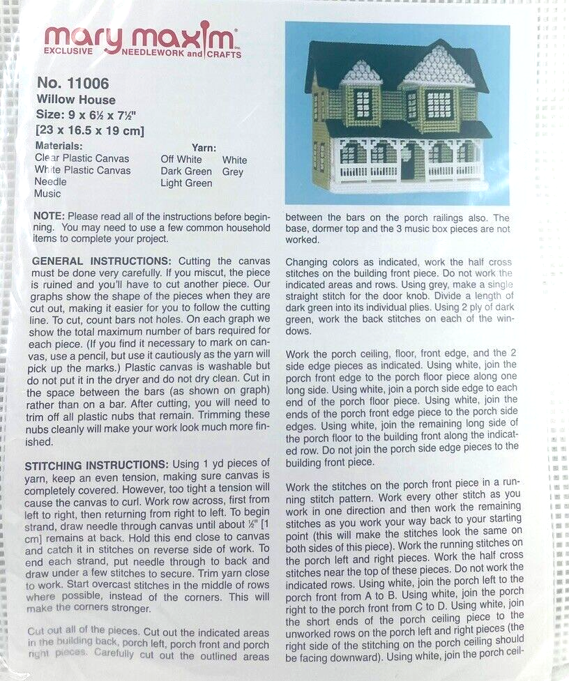 Cross Needle Stitch Plastic Canvas Kit “Willow House” No. 11006.