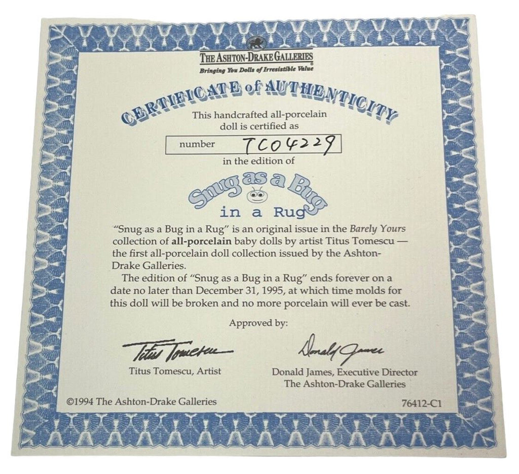 ASHTON-DRAKE GALLERIES 19'' BOY DOLL TC04229 PORCELAIN w/CERTIFICATE 1994
