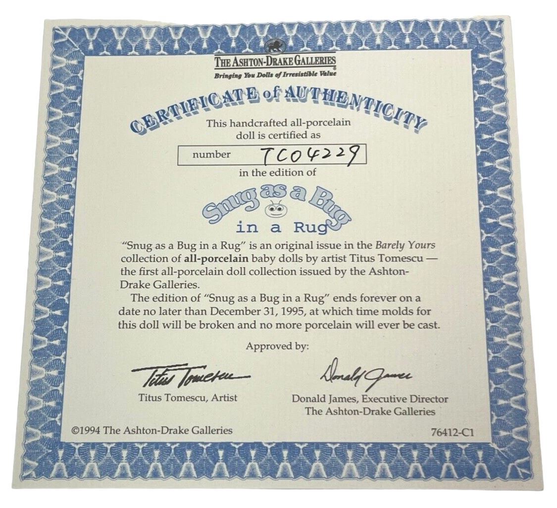 ASHTON-DRAKE GALLERIES 19'' BOY DOLL TC04229 PORCELAIN w/CERTIFICATE 1994