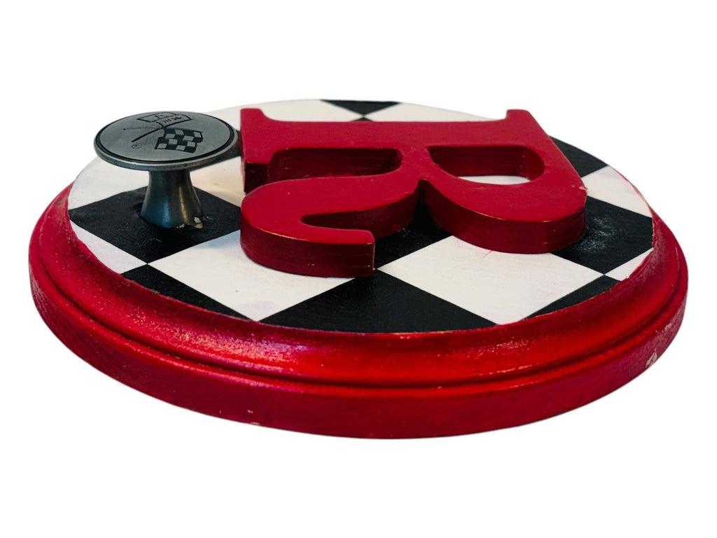 CHEVROLET RACING FLAG Metal Hook On Wood Plaque  w/Letter "R" 6.5X6.5" Round.