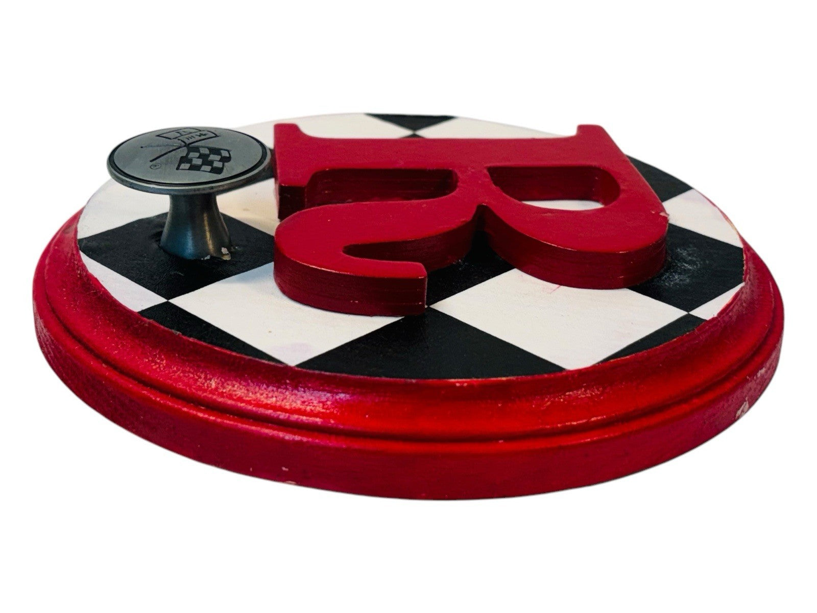 CHEVROLET RACING FLAG Metal Hook On Wood Plaque  w/Letter "R" 6.5X6.5" Round.