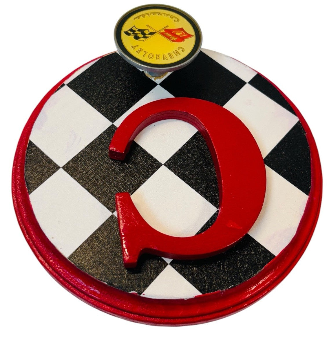 CHEVROLET CARVETTE RACING FLAG Metal Hook On Wood Plaque  6.5X6.5" Round.