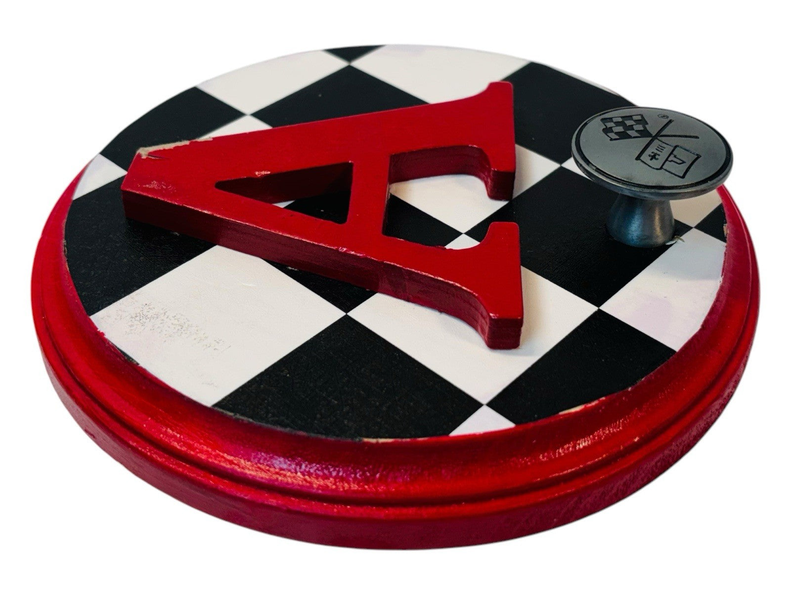 CHEVROLET  RACING FLAG Metal Hook On Wood Plaque  w/Letter "A" 6.5X6.5" Round.