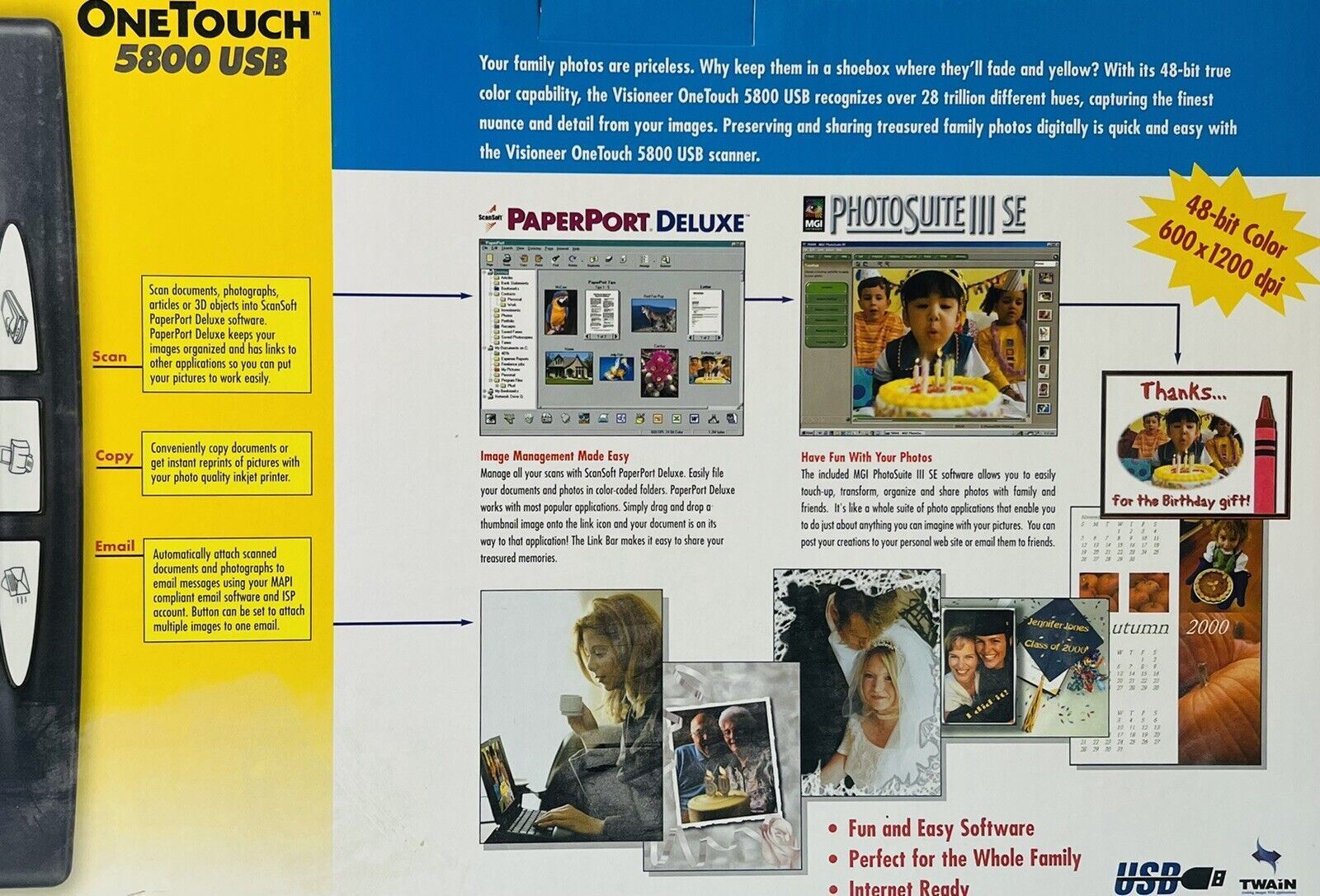 Flatbed Scanner OneTouch 48-Bit Color, Photo Suite III SE-USB-Visioneer 5800 NEW
