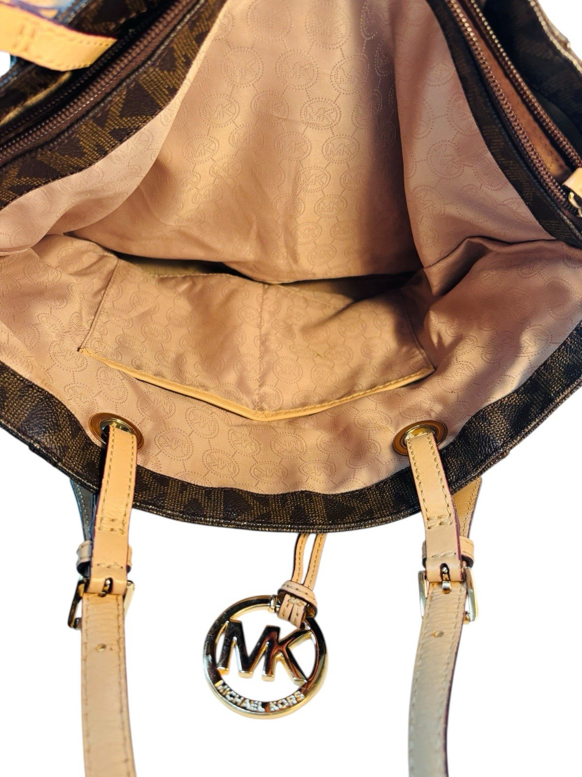 MICHAEL KORS Brown Large Leather Top Zip Logo Tote Shoulder Bag, MINT CONDITION