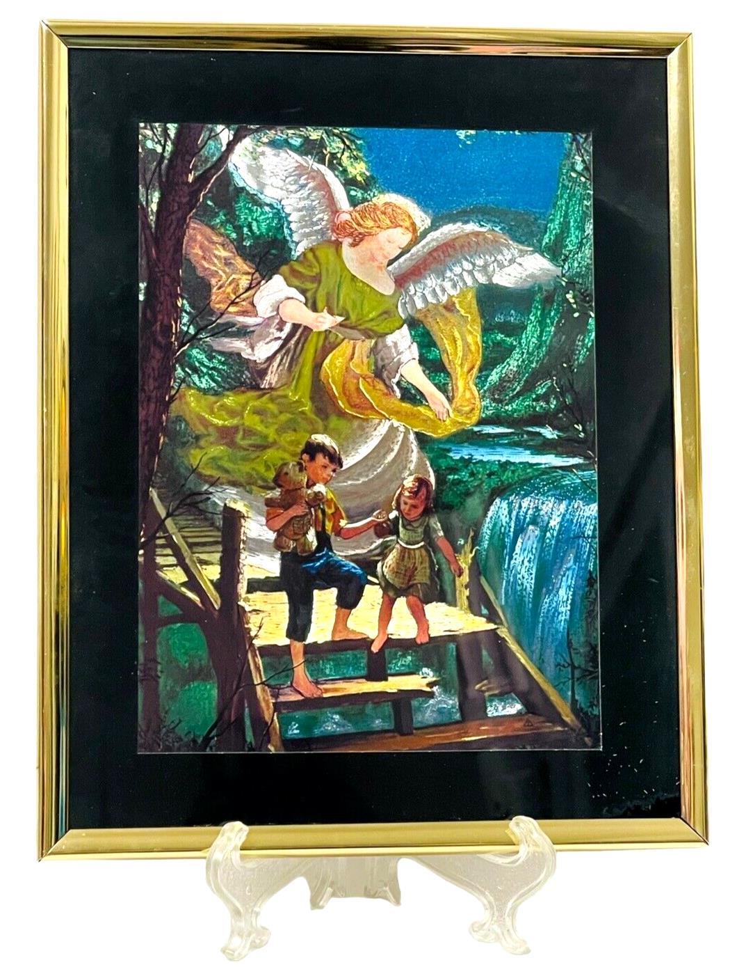 VINTADGE Guardian Angel Picture Art in Gold Frame-Black Matting 8 X 10.