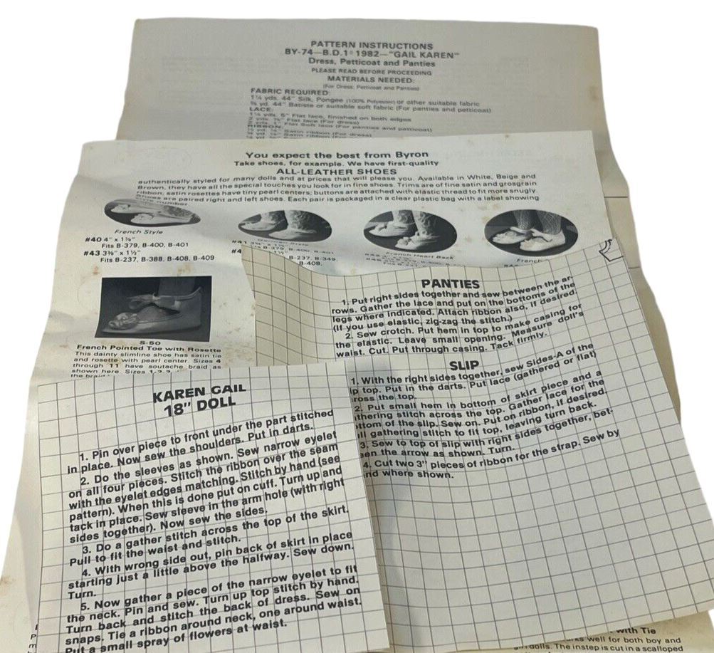 1982 Byron Doll Patterns BY-74 Gail Karen Fits 19" Dolls - ORIGINAL-RARE-VINTAGE