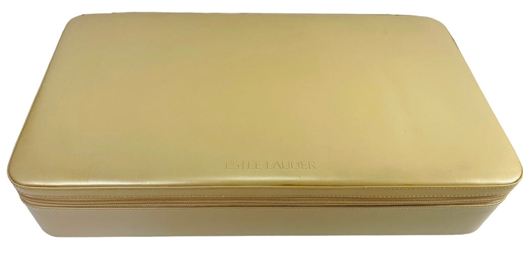 ESTEE LAUDER JEWELRY, MAKE-UP CASE, MIRROR, 2 CMPTMNT GOLD FAUX LEATHER/VINTAGE