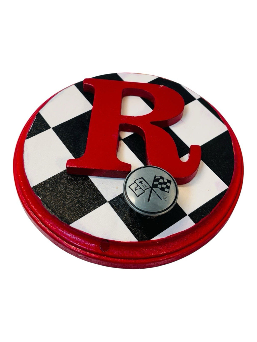 CHEVROLET RACING FLAG Metal Hook On Wood Plaque  w/Letter "R" 6.5X6.5" Round.