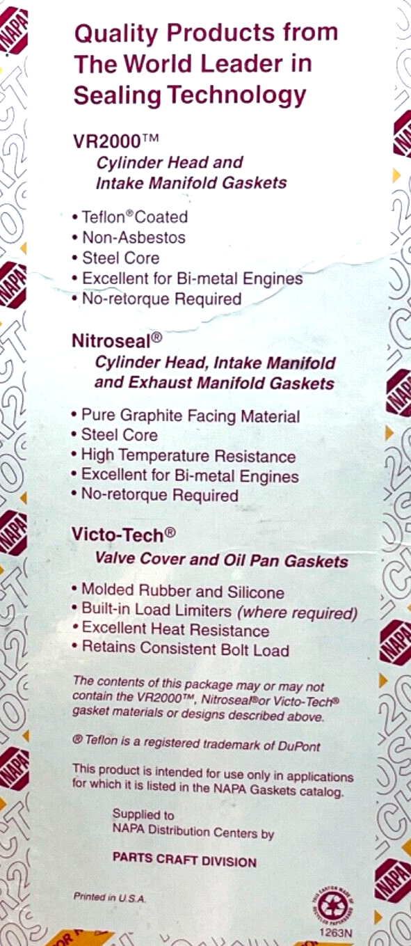 NAPA GASKETS INTAKE MINIFOLD SET, PART NO. MS 15641X, FACTORY SEALED-BRAND NEW