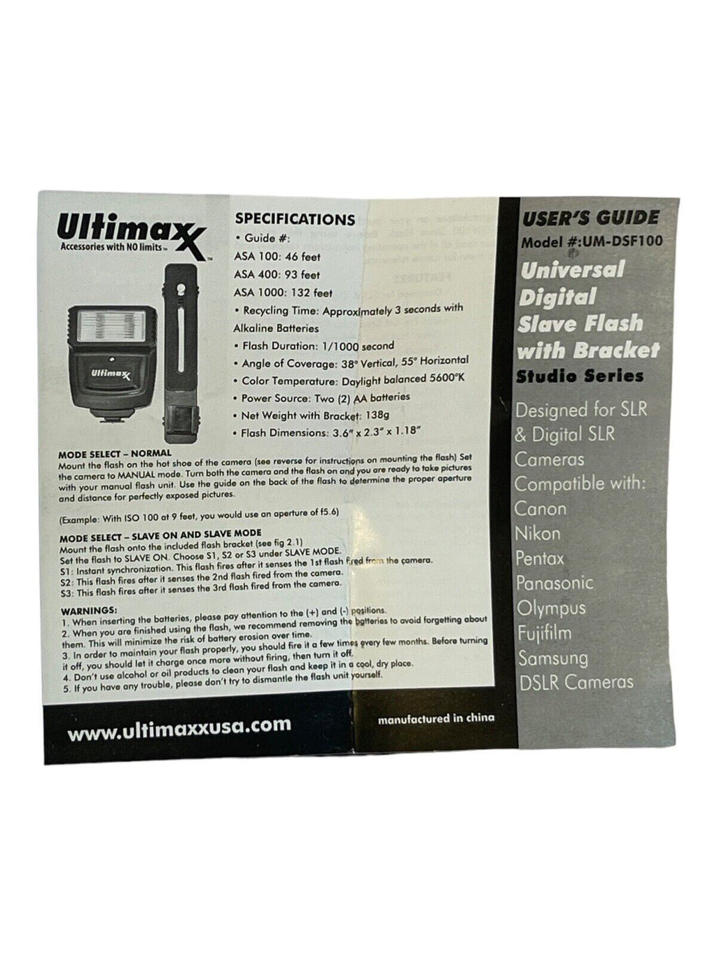 *NEW* Ultimax UM-DSF100 Universal Digital Slave Flash w/Hot Shoe Bracket