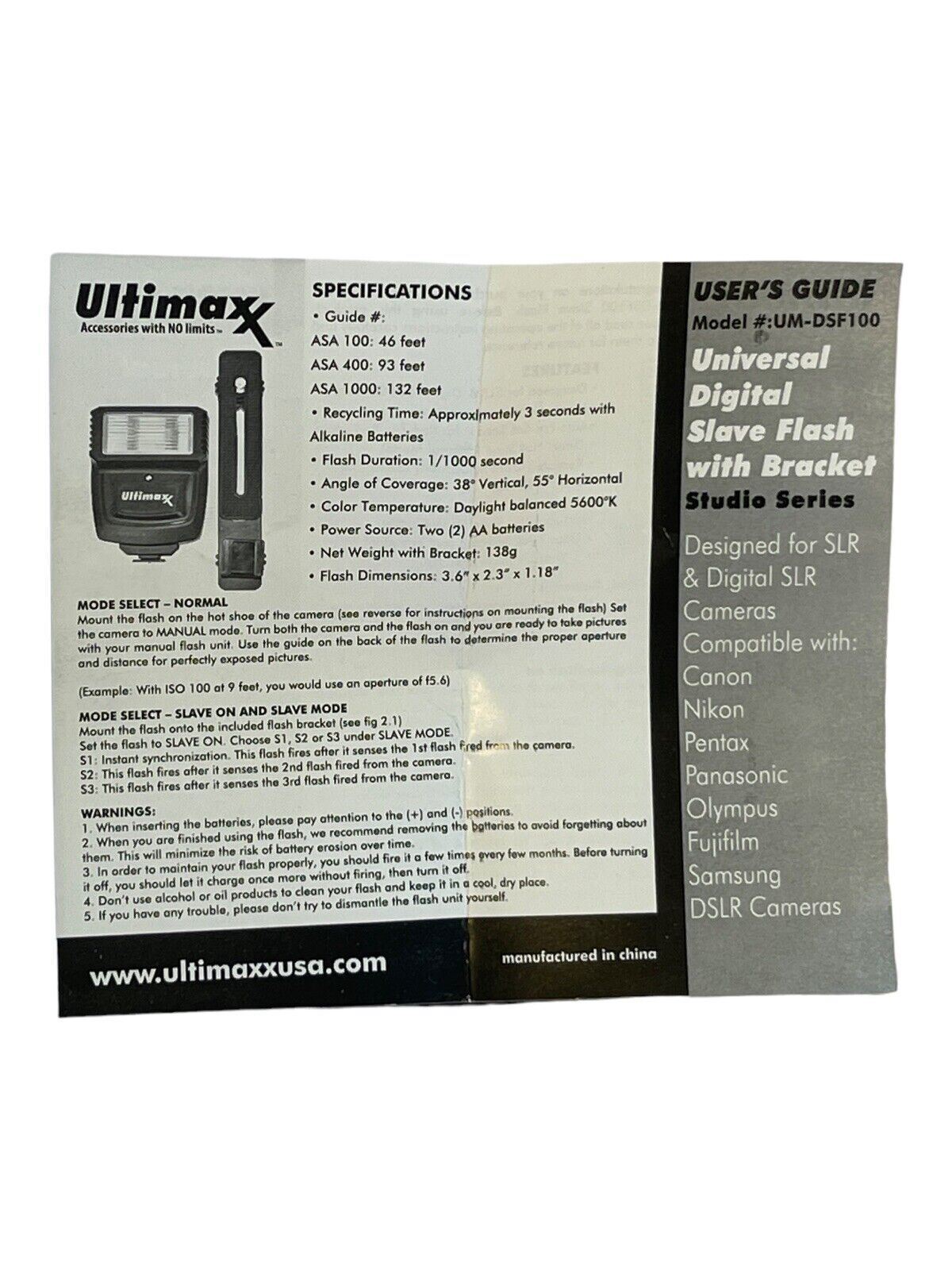 *NEW* Ultimax UM-DSF100 Universal Digital Slave Flash w/Hot Shoe Bracket
