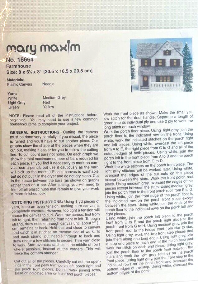 Cross Needle Stitch Plastic Canvas Kit No. 16664 "Farmhouse" MARY MAXIM