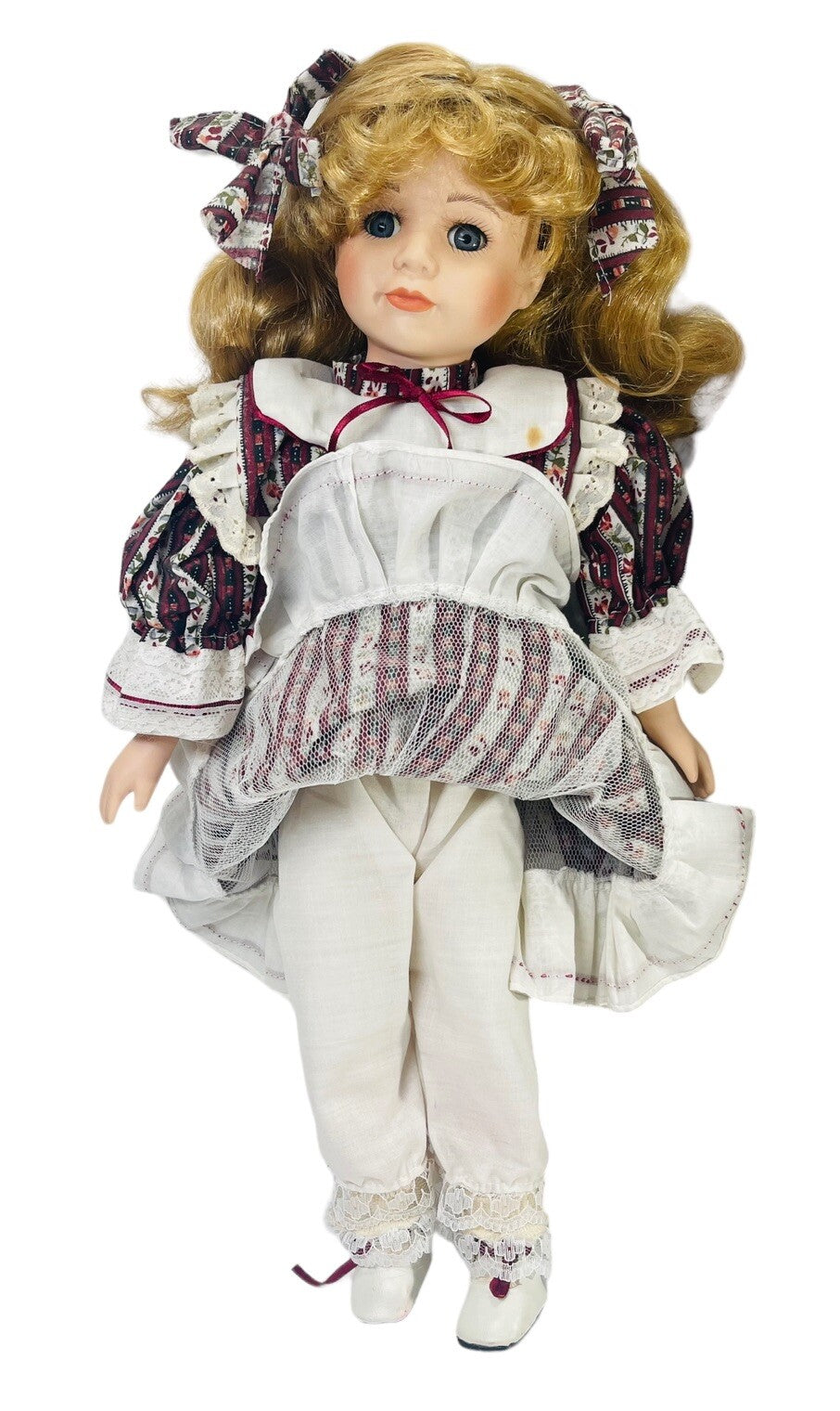 VINTAGE PORCELAIN DOLL BLONDE ~ BLUE EYES H 18''XW 6'' ~ WT. 1.7 lbs.