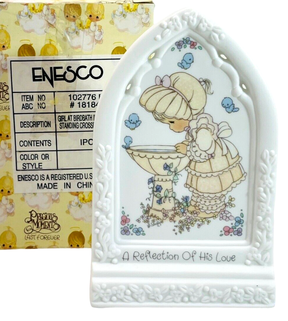 1993 Enesco Precious Moments Figurine Girl at Birdbath - Inspirational Cross Ene