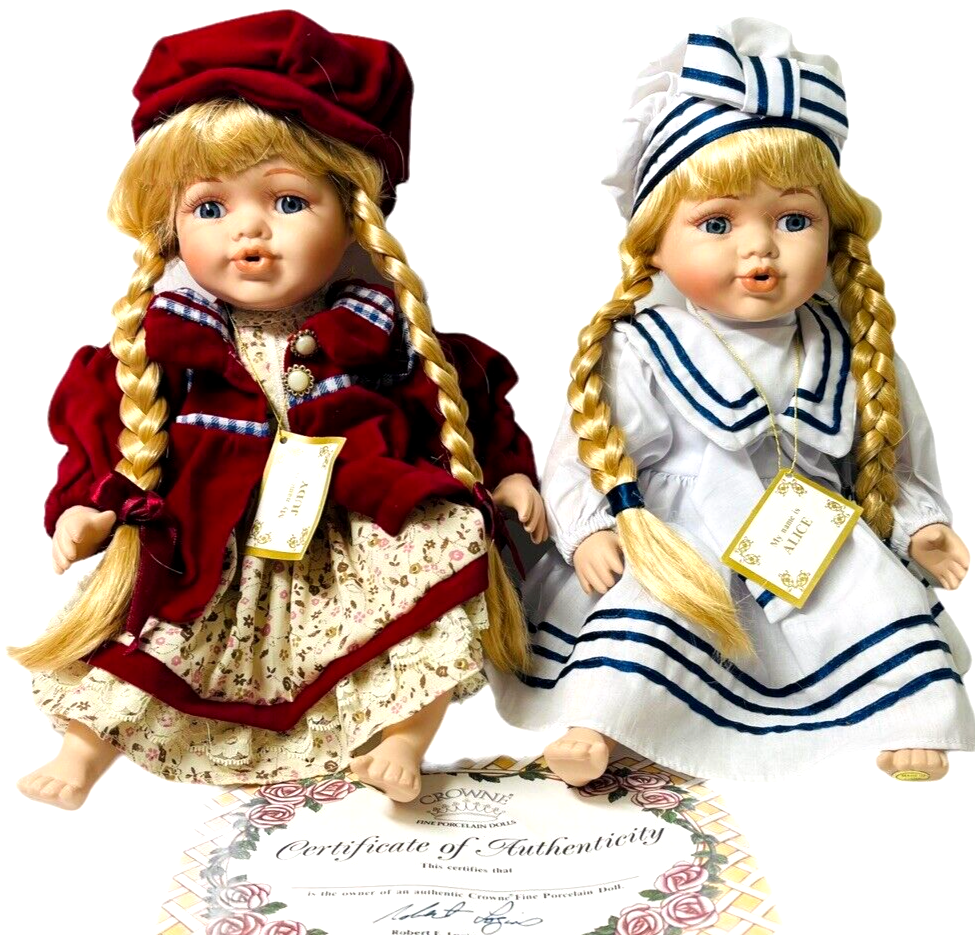 Crown Fine Porcelain Dolls 14'' “JUDY & ALICE” In A Sitting Position~Origin 1998