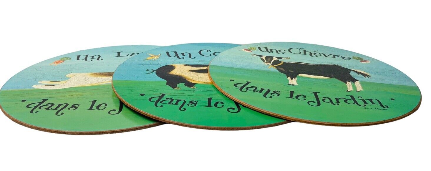 HOT PLATES PADS 10X10" PIG~COW~RABBIT IN THE GRADEN~TRIVETS-WRITTEN IN FRENCH