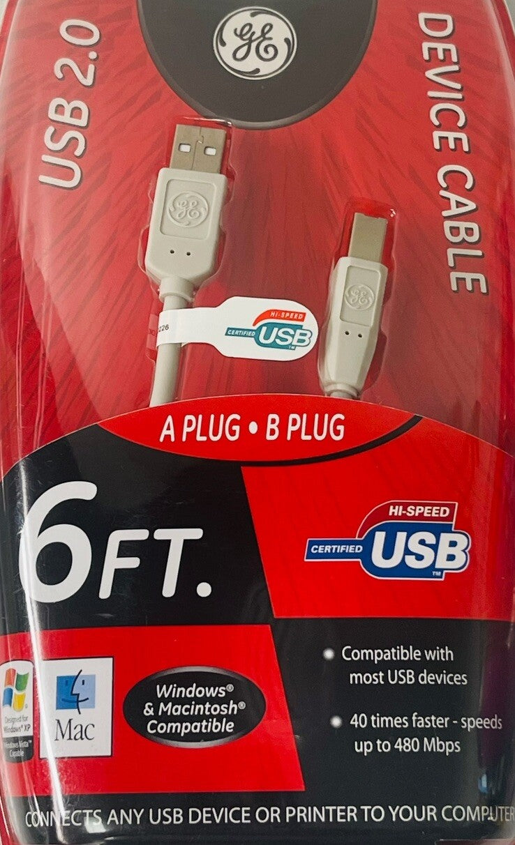 GE USB 2.0 DEVICE CABLE 6 Ft Windows & Macintosh HO97891 NEW-SEALED