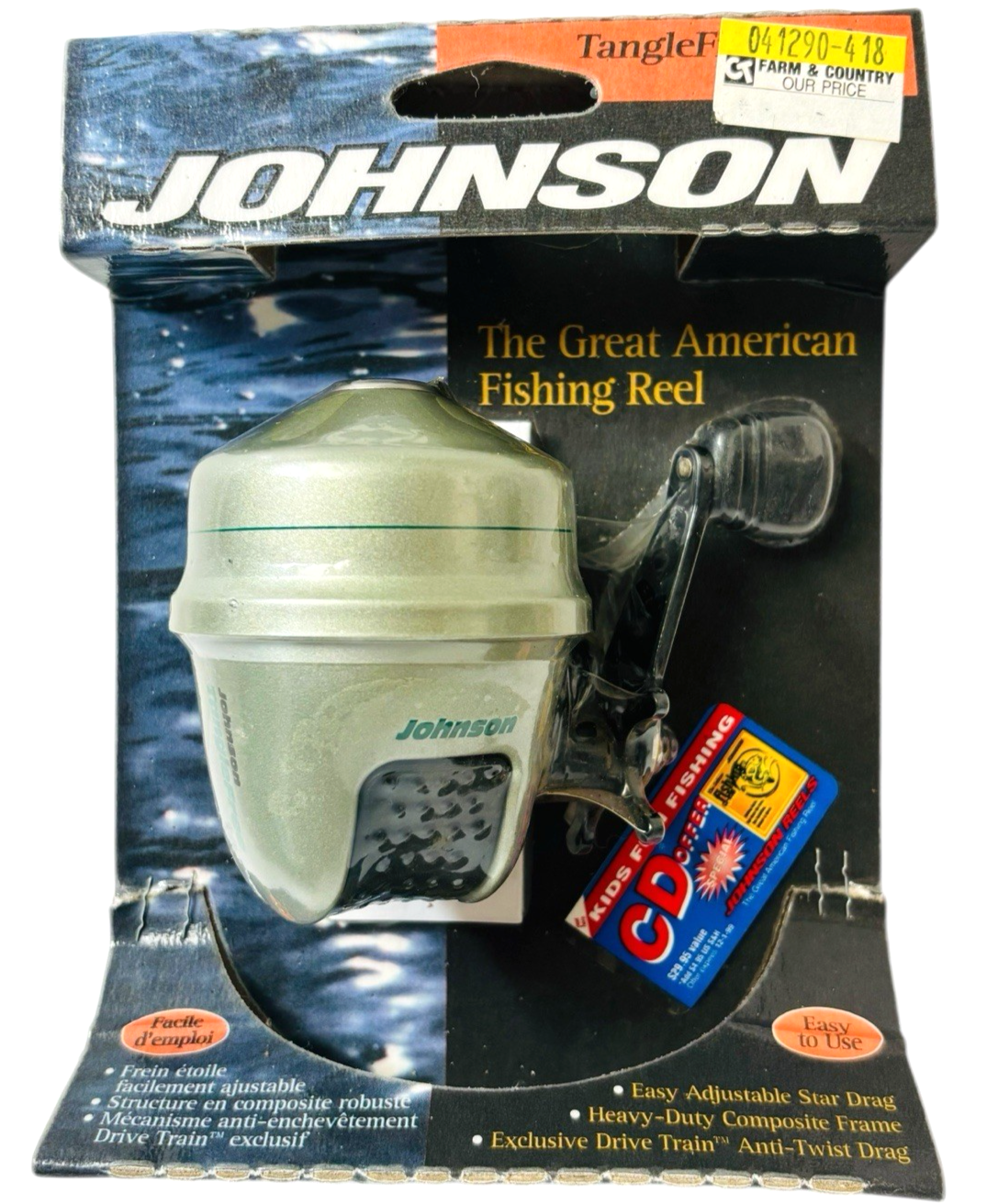 VINTAGE JOHNSON 10 TANGLE FREE FISHING REEL. NEW IN FACTORY SEAL PACKAGE.