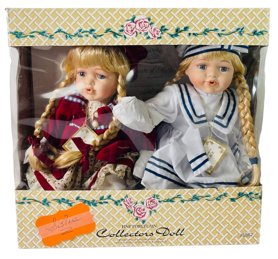 Crown Fine Porcelain Dolls 14'' “JUDY & ALICE” In A Sitting Position~Origin 1998