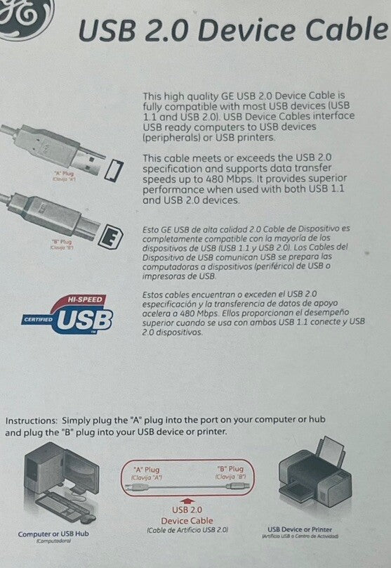 GE USB 2.0 DEVICE CABLE 6 Ft Windows & Macintosh HO97891 NEW-SEALED