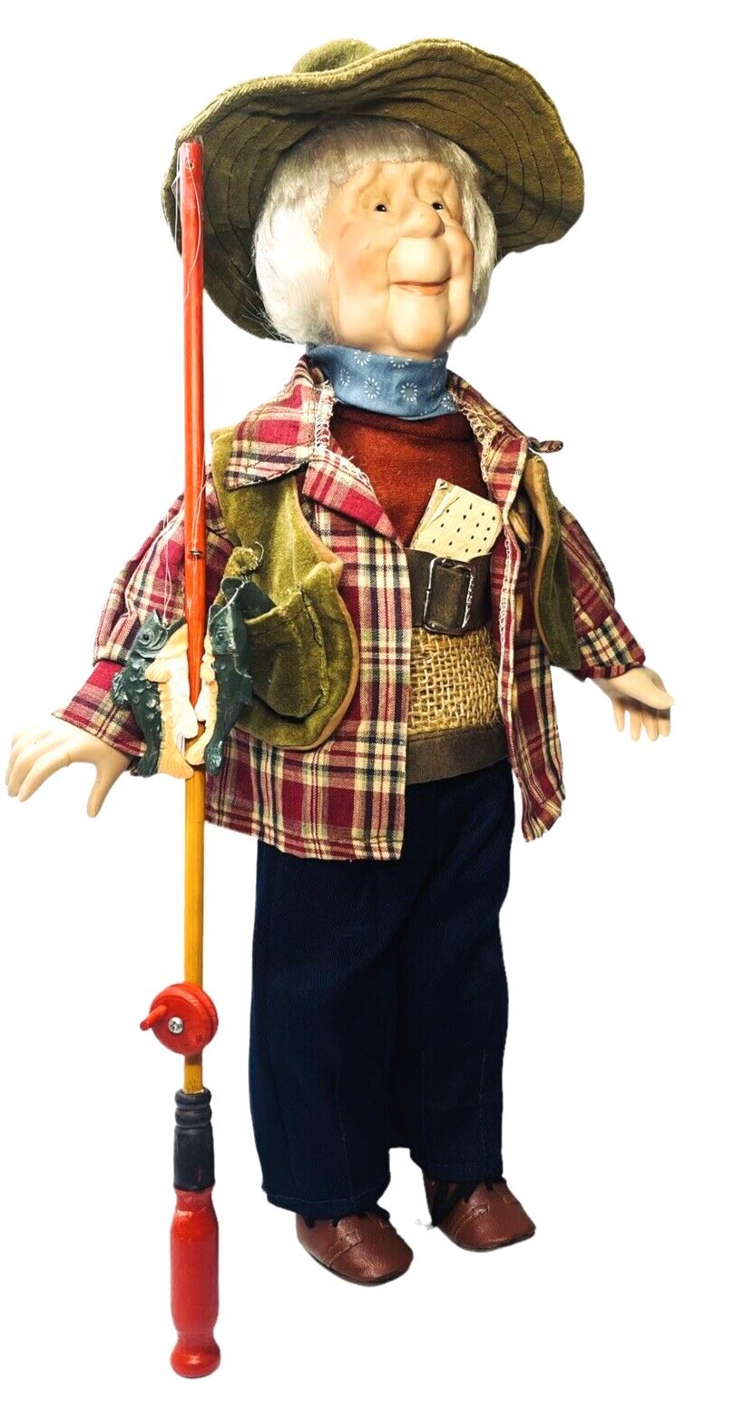 HEIRLOOM DOLLS DUCK HOUSE #0432 HERBERT THE FISHERMAN 16" W/Fish & Fishing Pole