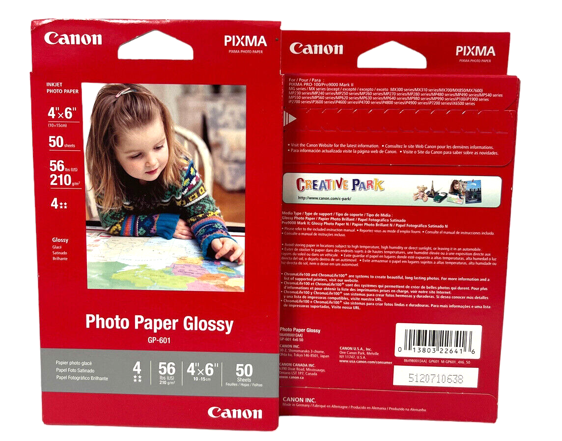 GLOSSY Photo Paper Plus 4 x 6 Canon GP-601 Pack of 50 Sheets. BRAND NEW.