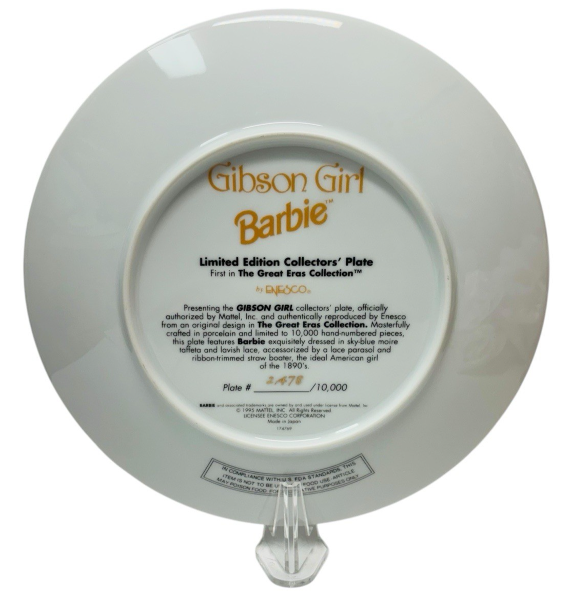 Enesco Gibson Girl Barbie 8" Collectors'1995 Plate, Barbie Collectibles Limited