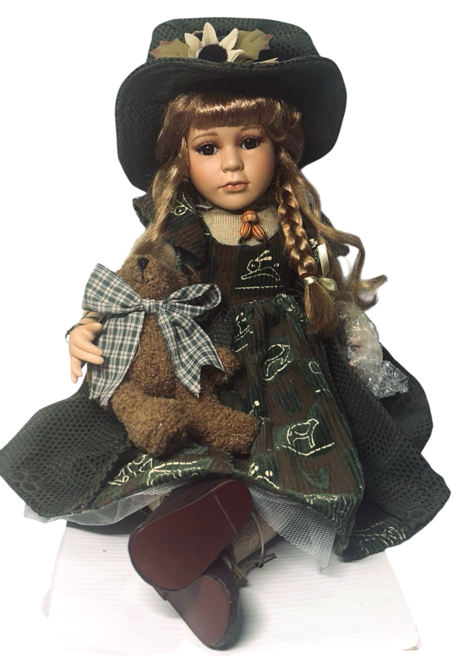 20” PORCELAIN DOLL W/ Blond Hair-Big Brown Eyes-Lifelike Eyelashes & Teddy Bear.