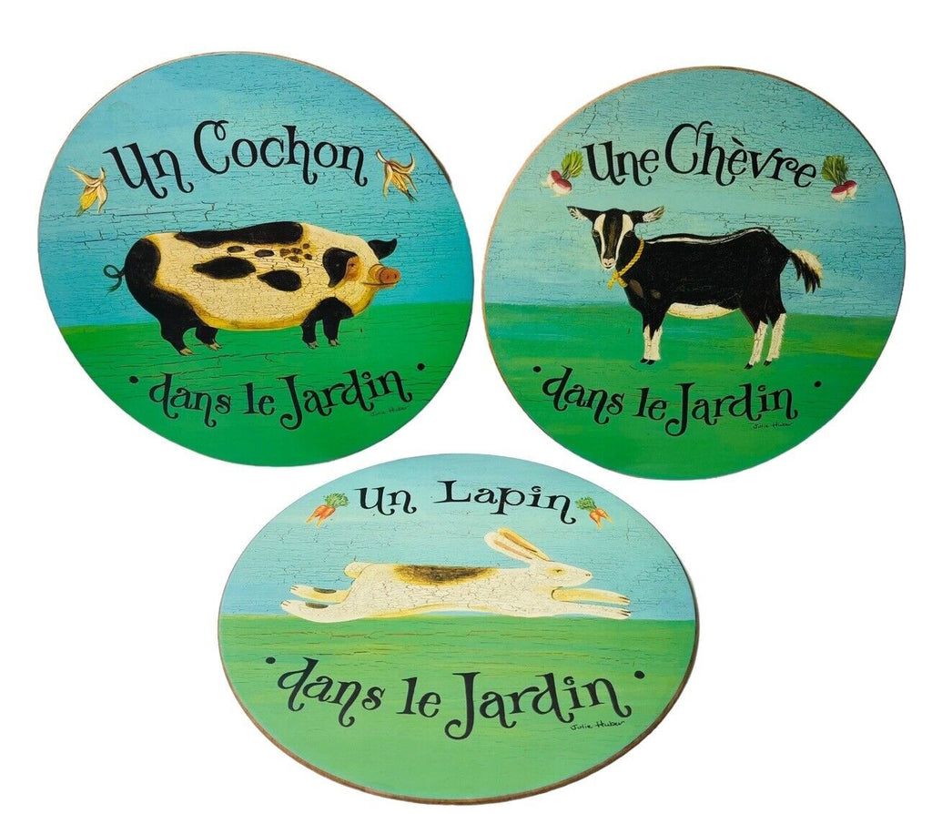 HOT PLATES PADS 10X10" PIG~COW~RABBIT IN THE GRADEN~TRIVETS-WRITTEN IN FRENCH