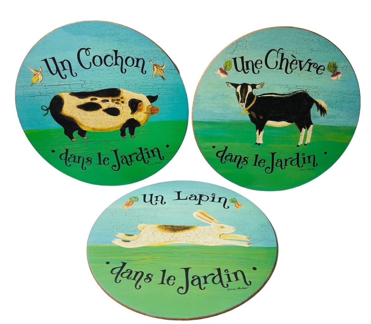 HOT PLATES PADS 10X10" PIG~COW~RABBIT IN THE GRADEN~TRIVETS-WRITTEN IN FRENCH