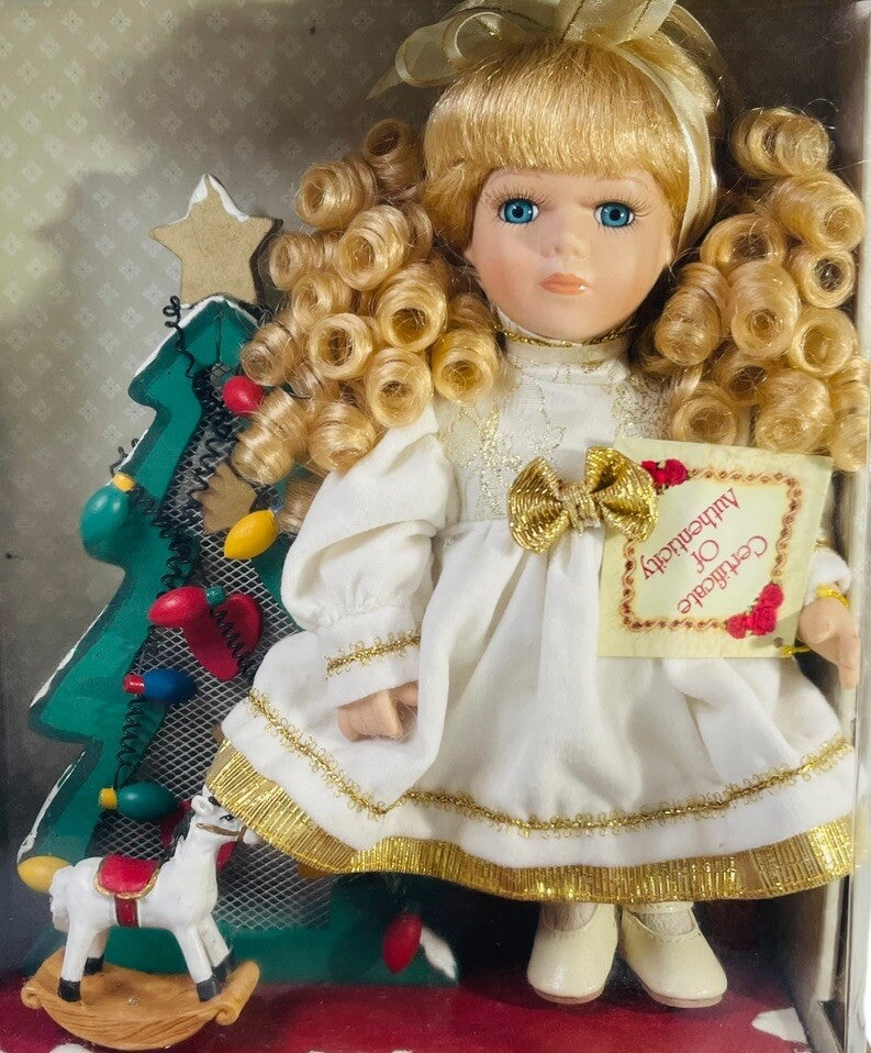 Classic Treasures Porcelain Doll w/Christmas🎄Rocking Horse On Wood Stand "NEW".