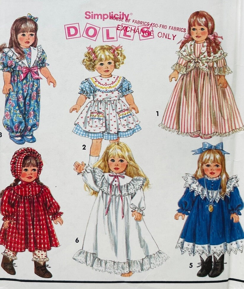 18" Doll Pattern Clothes Dress Romper Bonnet Shoes Simplicity 8211 Vintage 1994