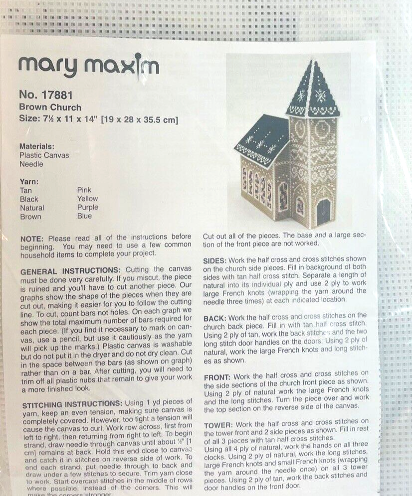Cross Needle Stitch Plastic Canvas Kit No. 17881 "Brown Church" MARY MAXIM