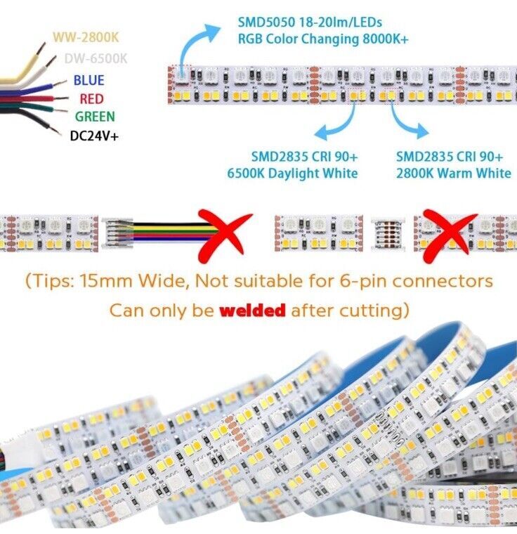 LED Strip Lights Brightest RGB+CCT Flexible 270LEDs/Meter 5050 RGB+2835~16.4Ft.
