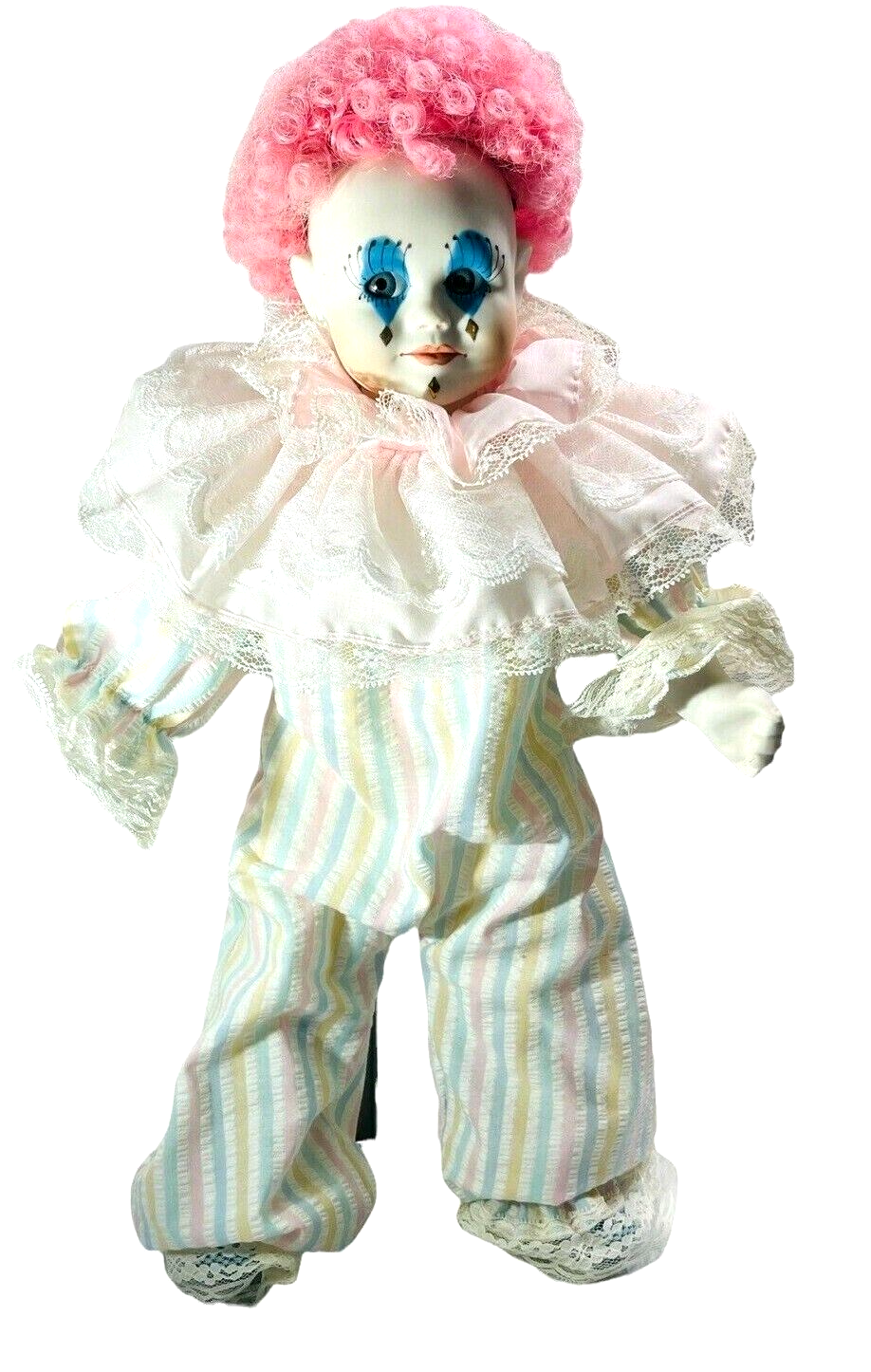 1980 Porcelain Clown Doll WINDUP CLOWN ~ PINK HAIR ~ WITH STAND.